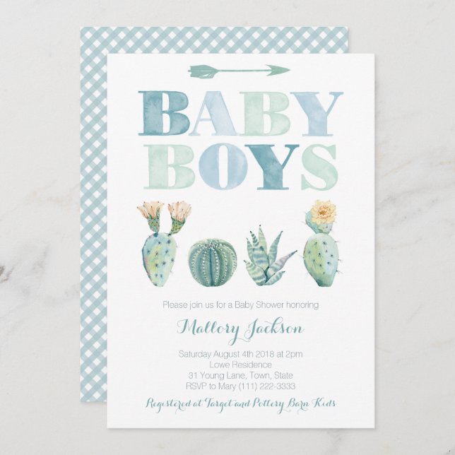 Baby Boy Twins oder Triplets Cactus Baby Shower Einladung (Vorne/Hinten)