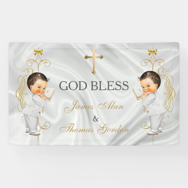 Baby Boy Twins Taufe Christening Gold Banner (Horizontal)