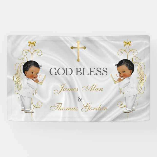 Baby Boy Twins Taufe Christening Gold Ethnic Banner (Horizontal)