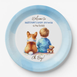 Baby Boy und seine Corgi Puppy Baby Dusche Pappteller