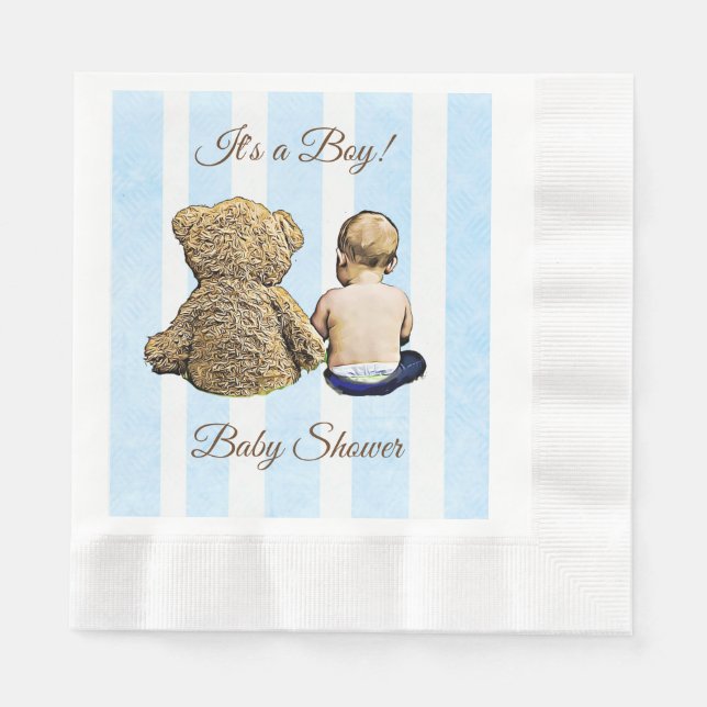 Baby Boy und Teddy Bear Blue Striping Napkins Serviette (Vorderseite)