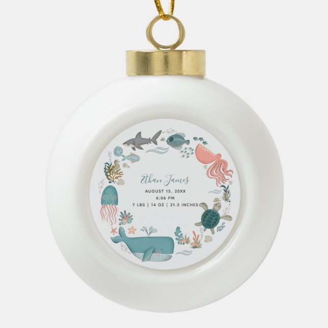 Baby Boy Under Sea Birth Stats Keepake Keramik Kugel-Ornament (Vorderseite)