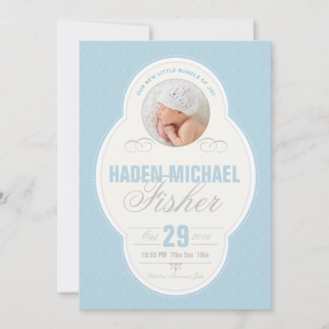 Baby Boy Vintag Frame Birth Announcement - Blue Ankündigung (Vorderseite)