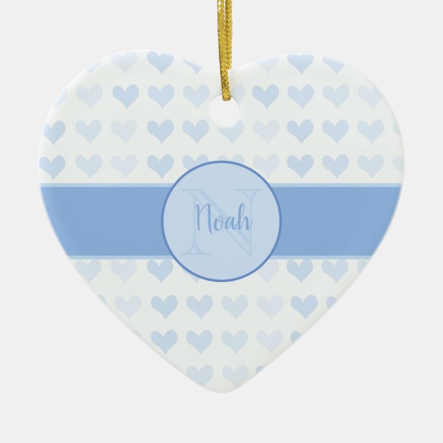 Baby Boy Vorname Blue Monogram Herz Weihnachten Keramik Ornament (Vorne)