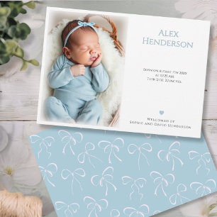 Baby Boy Weiße Schleifen Foto Blau Geburt Ankündigung
