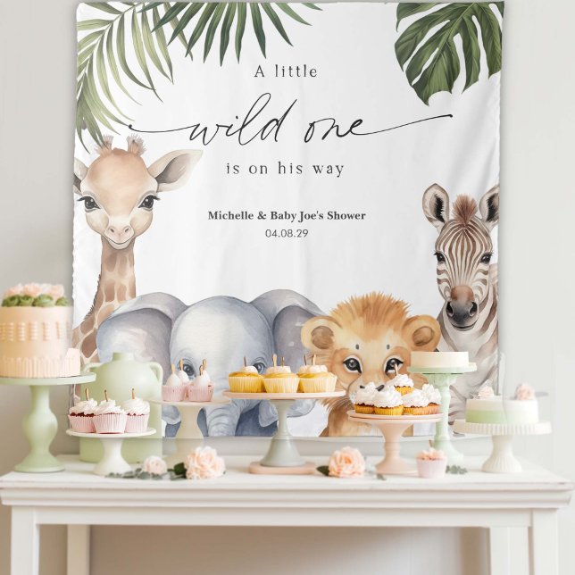 Baby Boy WIld One Safari Tierdusche Hintergrund Wandteppich (Wild One Safari Animal, Baby Boy Shower Party Backdrop.)