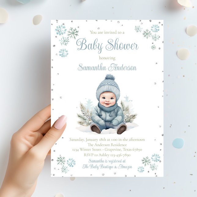 Baby Boy Winter Snowflake Babydusche Einladung (Boy winter snowflake baby shower invitation. Simply add your event details.)