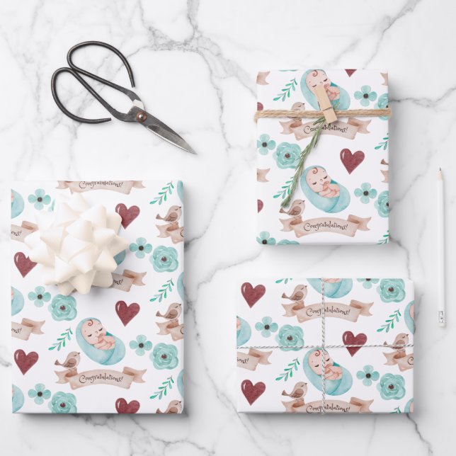 Baby Boy Wrapping Paper Flat Sheet Set 3 Geschenkpapier Set (Vorderseite)