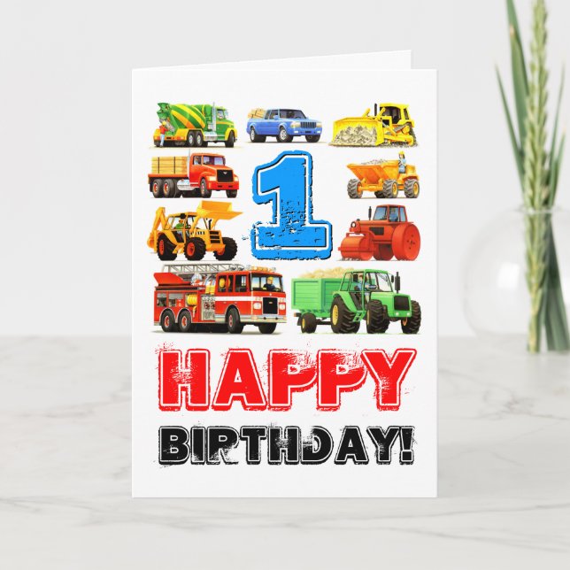 Baby Boy's Big Trucks 1. Geburtstag Karte (Vorderseite)