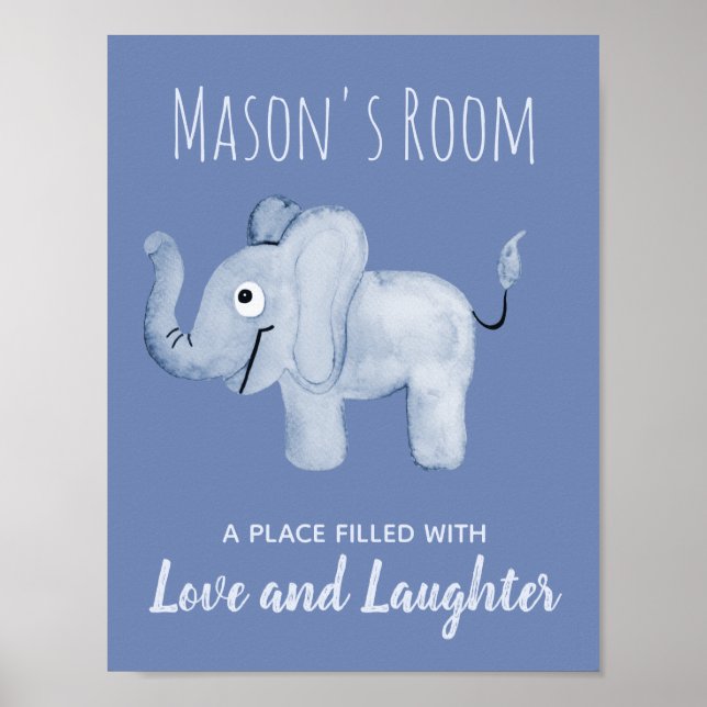 Baby Boy's Blue Watercolor Elephant Kinderzimmer A Poster (Vorne)