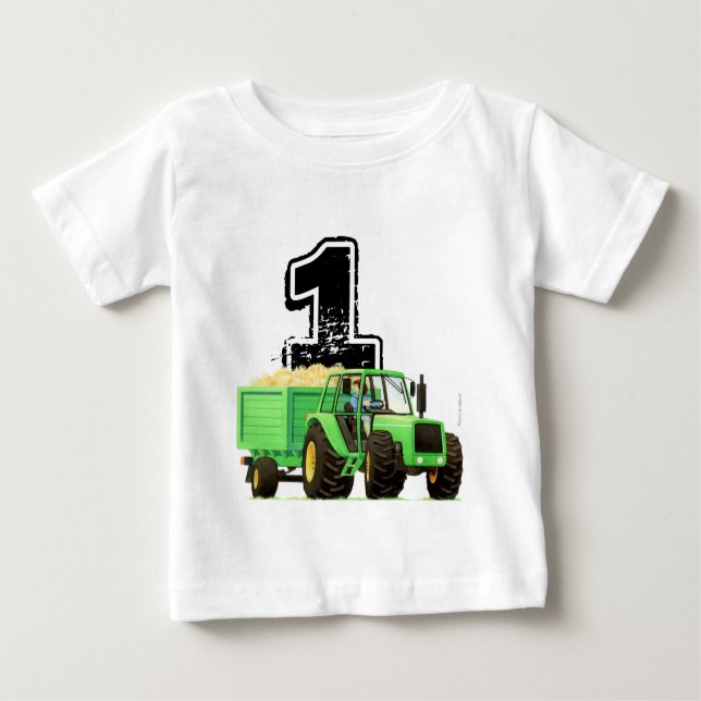 Baby Boys Custom Green Traktor 1. Geburtstag Baby T-shirt (Vorderseite)