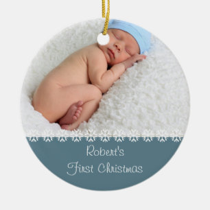 Baby Boys Erste Weihnachten w. Foto & Stats - Blau Keramik Ornament