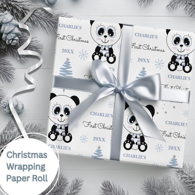 Baby Boys Erster Weihnachts Panda Bear Blue Geschenkpapier (Von Creator hochgeladen)