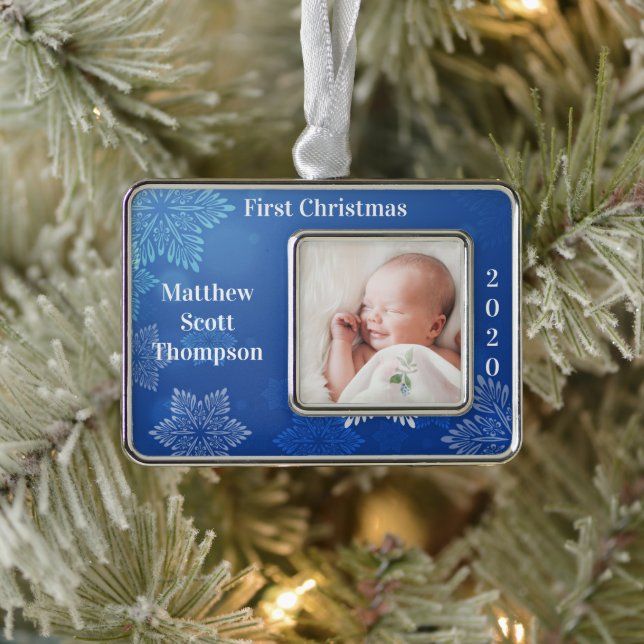 Baby Boy's erstes Weihnachts-Foto Jahr Blau Rahmen-Ornament Silber (Baum)