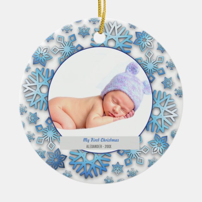 Baby Boys Erstes Weihnachtsfest Foto Schneeflocken Keramik Ornament (Vorne)