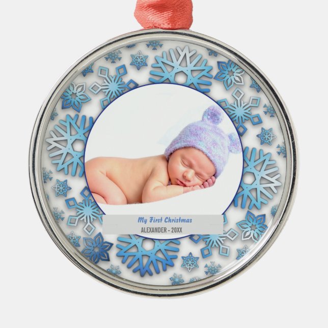 Baby Boys Erstes Weihnachtsfest Foto Schneeflocken Ornament Aus Metall (Vorne)