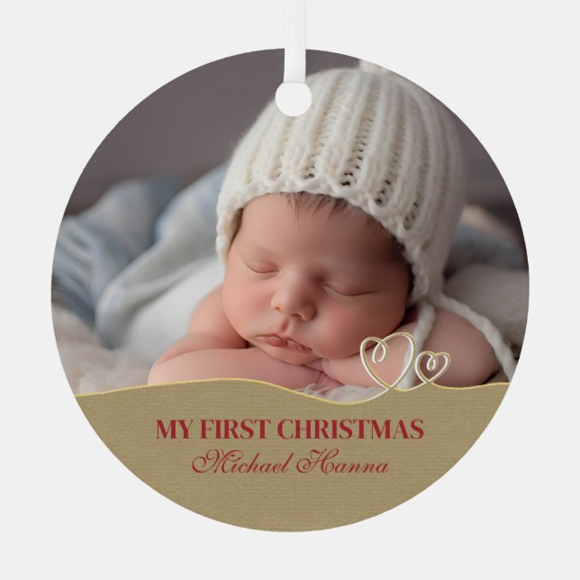 Baby Boy's First Christmas Birth Stats & Foto Ornament Aus Metall (Vorderseite)