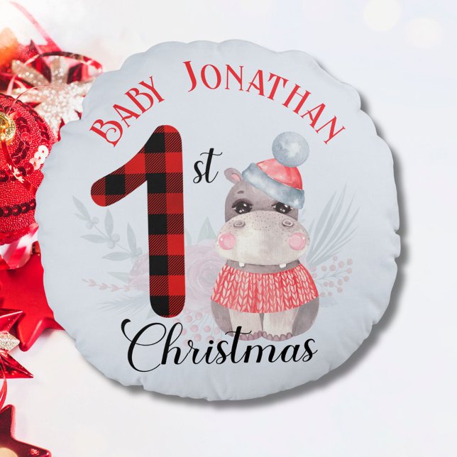 Baby Boy's First Christmas Niedlich Hippo Name Rundes Kissen (Von Creator hochgeladen)
