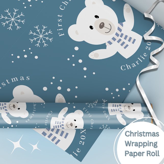 Baby Boys First Christmas Polar Bär Blue Geschenkpapier (Von Creator hochgeladen)