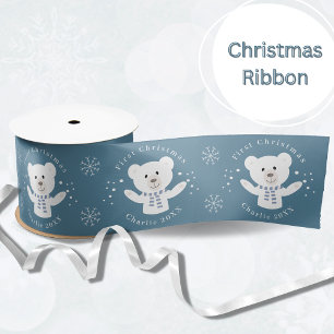Baby Boys First Christmas Polar Bär Blue Satinband