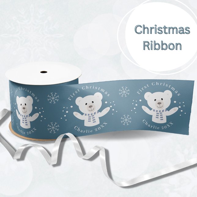 Baby Boys First Christmas Polar Bär Blue Satinband (Von Creator hochgeladen)