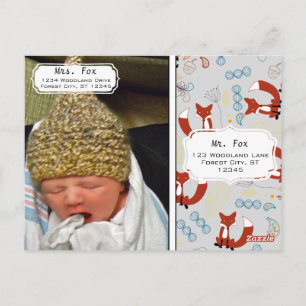 Baby Boy's Foto Fox Woodland Birth Record Stats Postkarte