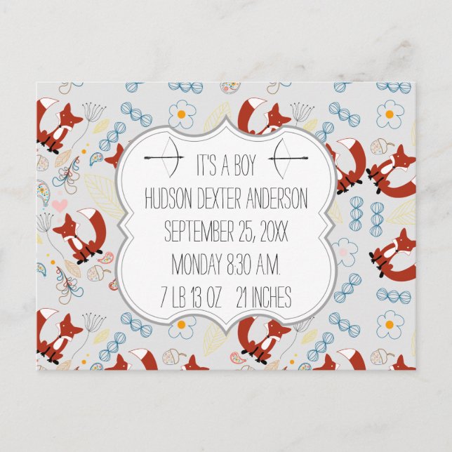 Baby Boy's Foto Fox Woodland Birth Record Stats Postkarte (Vorderseite)