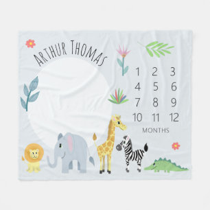 Baby Boys Niedlich Blue Jungle Safari Milestone Fleecedecke