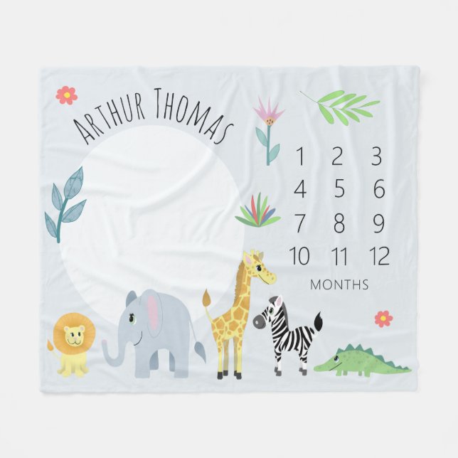 Baby Boys Niedlich Blue Jungle Safari Milestone Fleecedecke (Vorderseite (Horizontal))