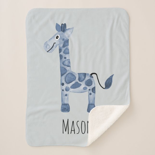 Baby Boy's Niedlich Blue Safari Giraffe und Name Sherpadecke (Vorderseite)