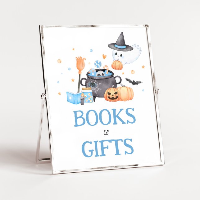 Baby braut blaue Halloween-Bücher und -Geschenke Poster (Baby is Brewing Baby Shower Books and Gifts Sign)