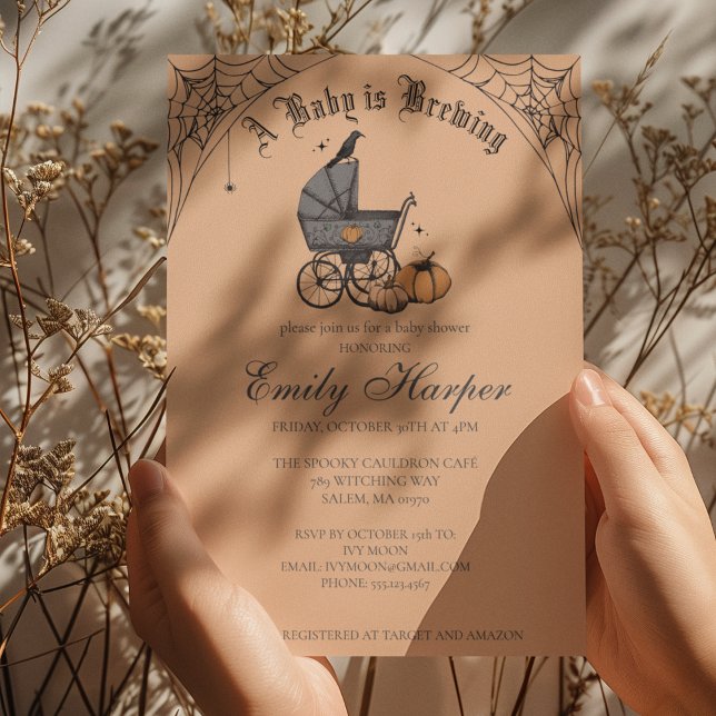 Baby braut Orange Gothic Baby Dusche Einladung (Gothic Halloween Baby Shower Invitation in Orange. Vintage Baby Carriage, Pumpkins, Webs, Raven)