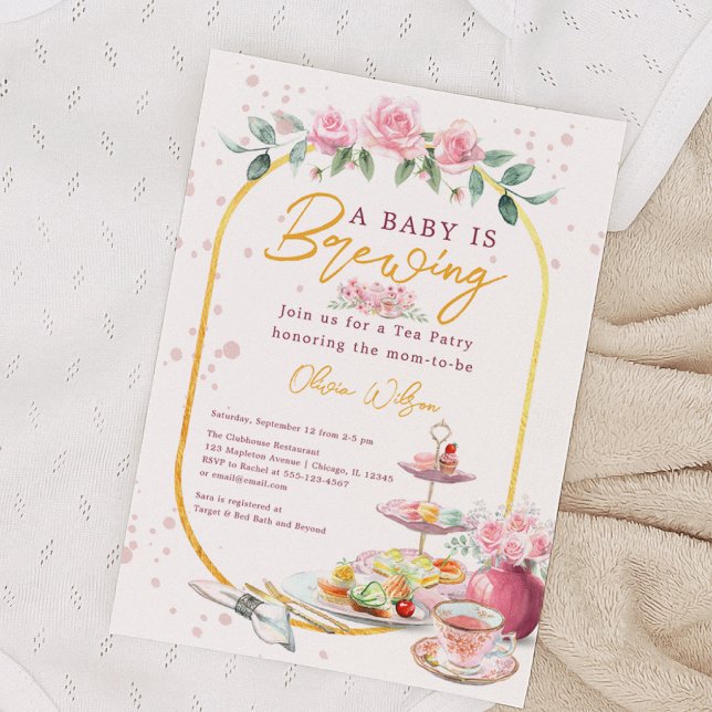 Baby braut Pink Floral Tee Party Baby Dusche Einladung (Pink Floral Tea Party Baby Shower Invitation - A Baby is Brewing Invitation)