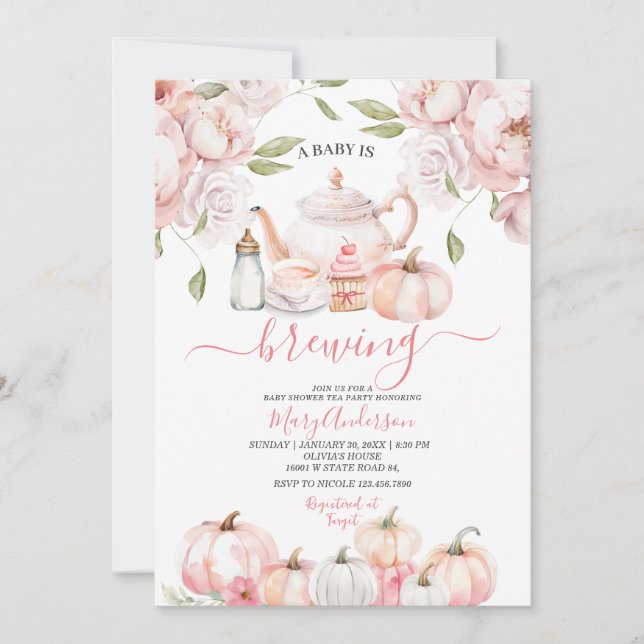 Baby braut Pink Floral Tee Party Babydusche Einladung (Vorderseite)