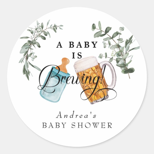 Baby Brewing | Aquarell Baby Dusche Gefallen Runder Aufkleber (Vorderseite)