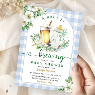 Baby Brewing Beer Baby Shower Boy Blue Gingham Einladung