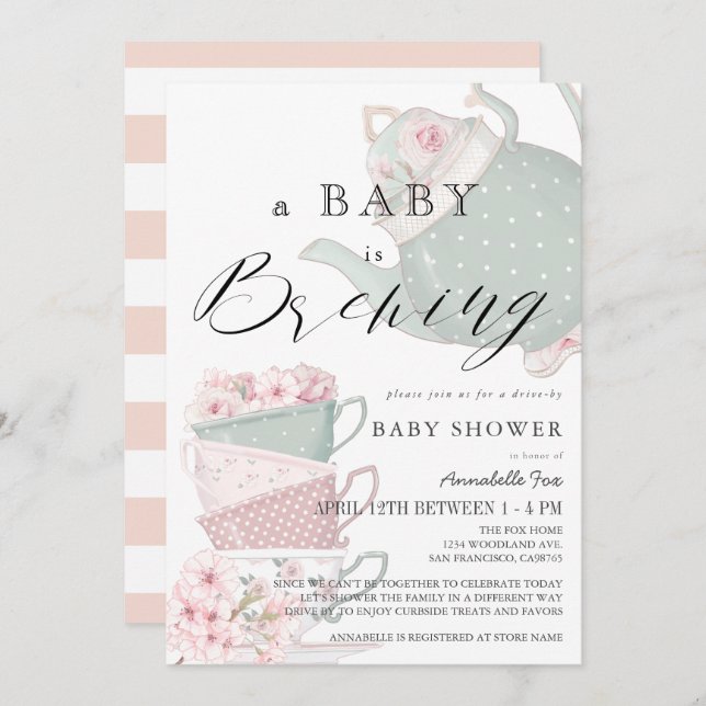 Baby Brewing Pink Tea Party Drive by Baby Shower Einladung (Vorne/Hinten)