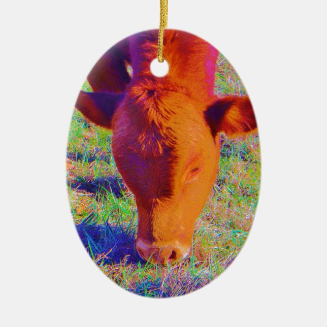 Baby Brown Cow Gesicht. RAINBOW GRASS Keramikornament (Vorne)