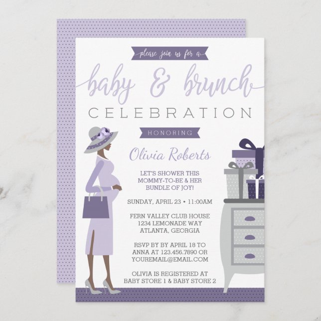 Baby & Bruch Baby Shower Einladung, Lila, grau Einladung (Vorne/Hinten)