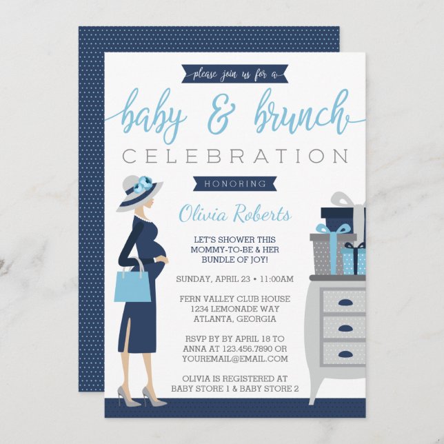 Baby & Bruch Baby Shower Invitation, blau, grau Einladung (Vorne/Hinten)