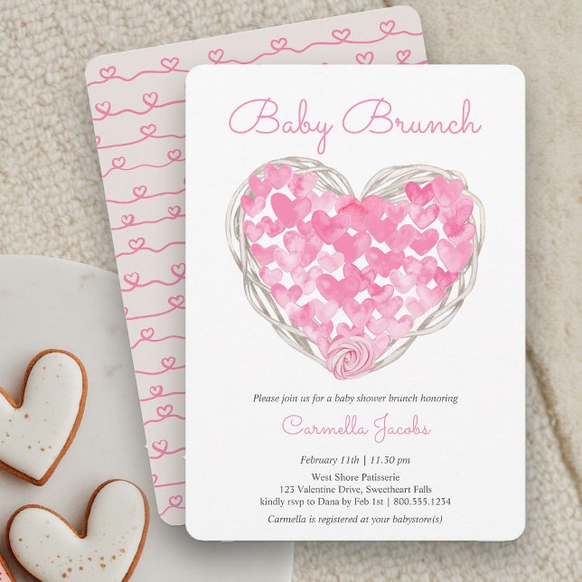 Baby Brunch Pink Hearts Rustic Girl Baby Dusche Einladung (Baby Brunch Rustic Pink Heart Baby Shower Invitation)