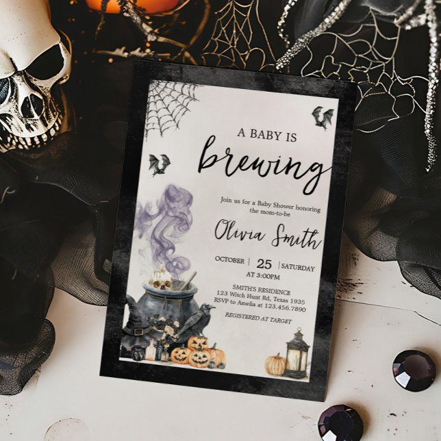 Baby brütet Hexe Cauldron Babydusche Einladung (A Baby is Brewing Halloween Baby Shower Invitation)
