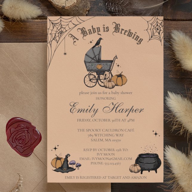 Baby brütet orange Gender Neutral Baby Dusche Einladung (Gothic Halloween Baby Shower Invitation. Hand Drawn Vintage Baby Carriage, Raven, Witch Hat, Pumpkin)