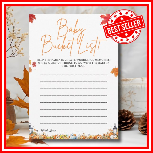 BABY BUCKET LIST Kinderduschenspiel Niedlicher Bär Einladung (BABY BUCKET LIST Easy Baby Shower Game A Little Pumpkin is on the Way Fall Autumn Theme )