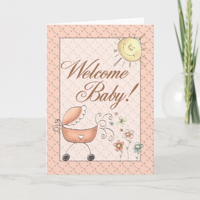 Baby Buggy Subtile Floral Welcome Baby Karte (Vorderseite)