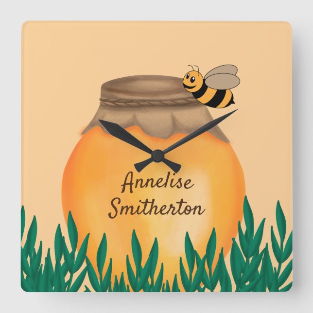 Baby Bumblebee and Honeypot Yellow Child's Nursery Quadratische Wanduhr (Vorderseite)