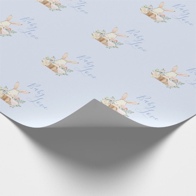 Baby Bunny Boy Blue Script Niedlich Baby Dusche Geschenkpapier (Ecke)