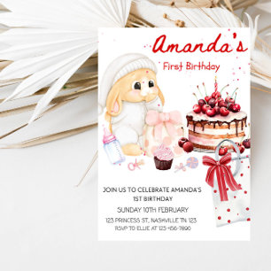 Baby Bunny & Cake Girls 1. Geburtstagsfeier Einladung