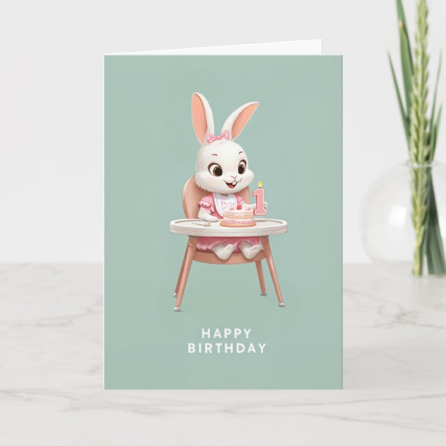 Baby Bunny Girl in High Chair 1st Birthday Cake Karte (Vorderseite)