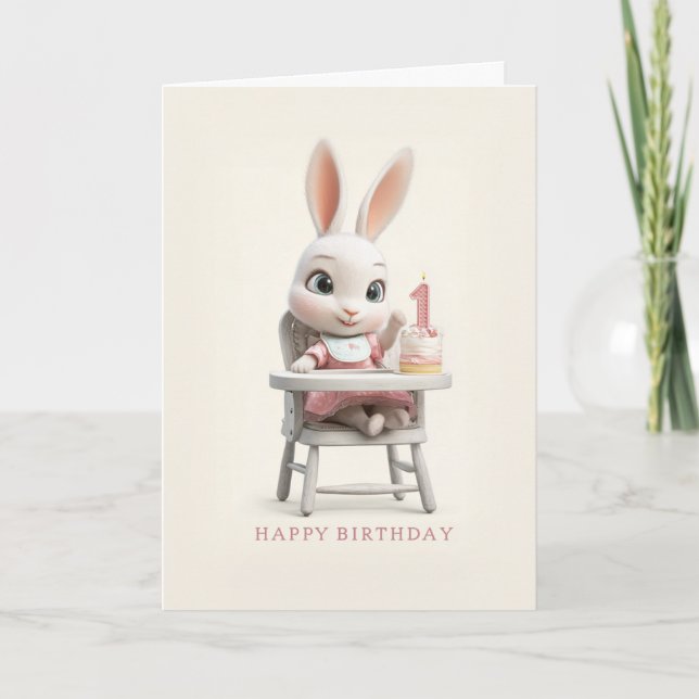 Baby Bunny Girl in High Chair 1st Birthday Cake Karte (Vorderseite)